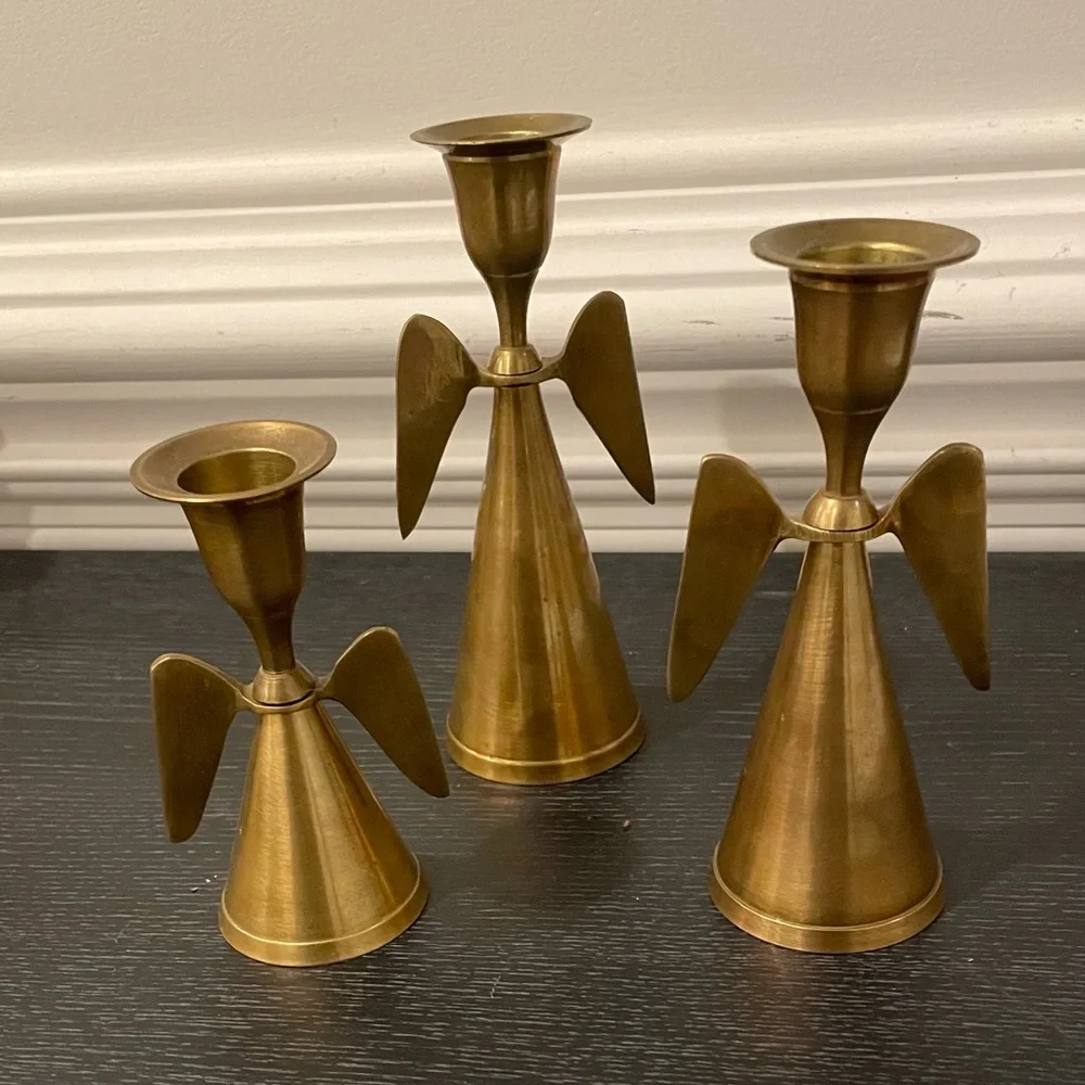 Set Of 3 Mid Century Brass Angel Wing Candle Holder Christmas MCM Taper